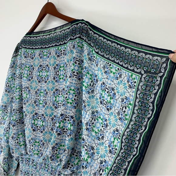 Max Studio Blue Green Geometric Print Slit Side Draped Sleeveless Stretch Blouse - Picture 10 of 16